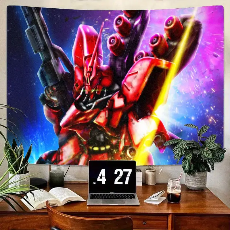 

1 шт., яркий красный гуманоидный робот-меха с пушками и желтым лазером, космический фоновый гобелен, научно-фантастическое игровое эстетическое настенное искусство для