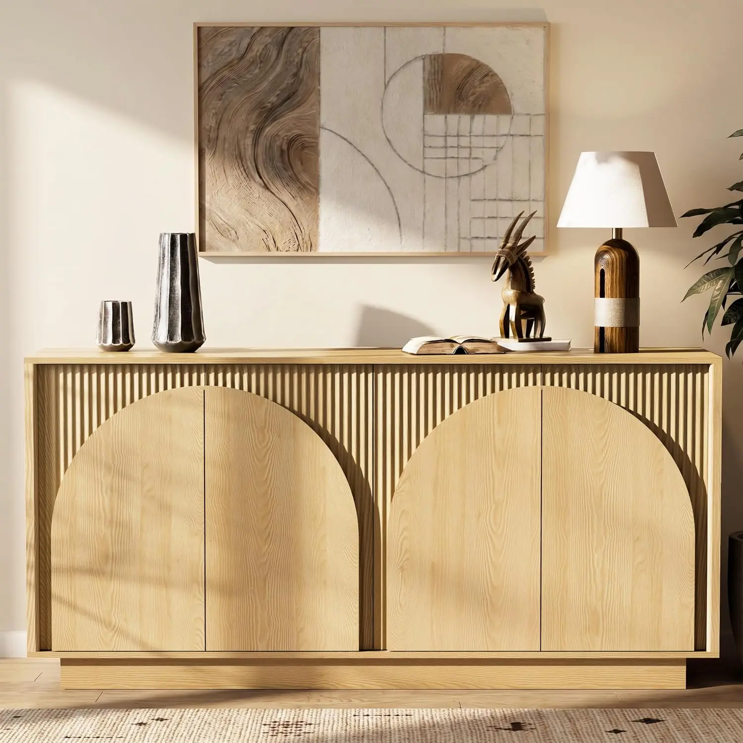 65.35" Fluted Sideboard Buffet Cabinet Credenza for Living Room, Oak | Mid Century Modern Accent Cabinet with, Customized