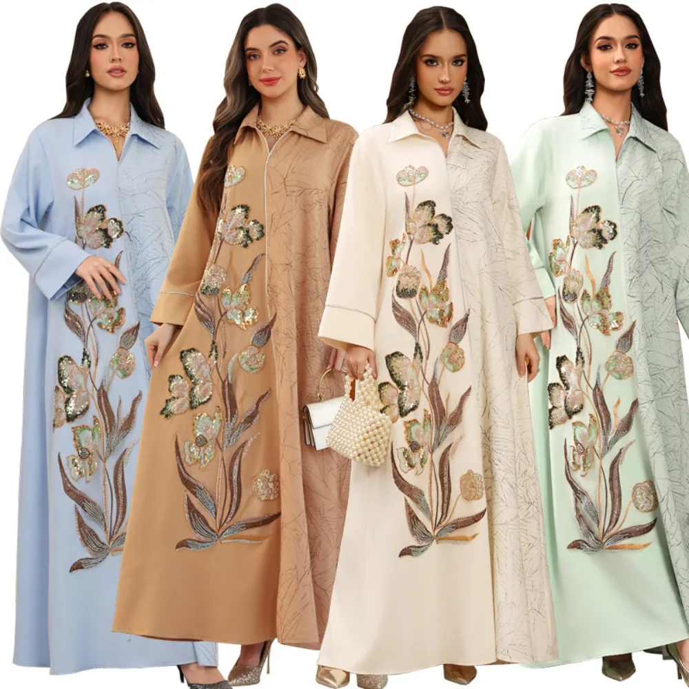 

Дубайское женское платье-абайя с V-образным вырезом, длинное, мусульманское, с бисером, кафтан, роба, джалабия, для Рамадана, марокканский кафтан, Vestidos Largos 2025