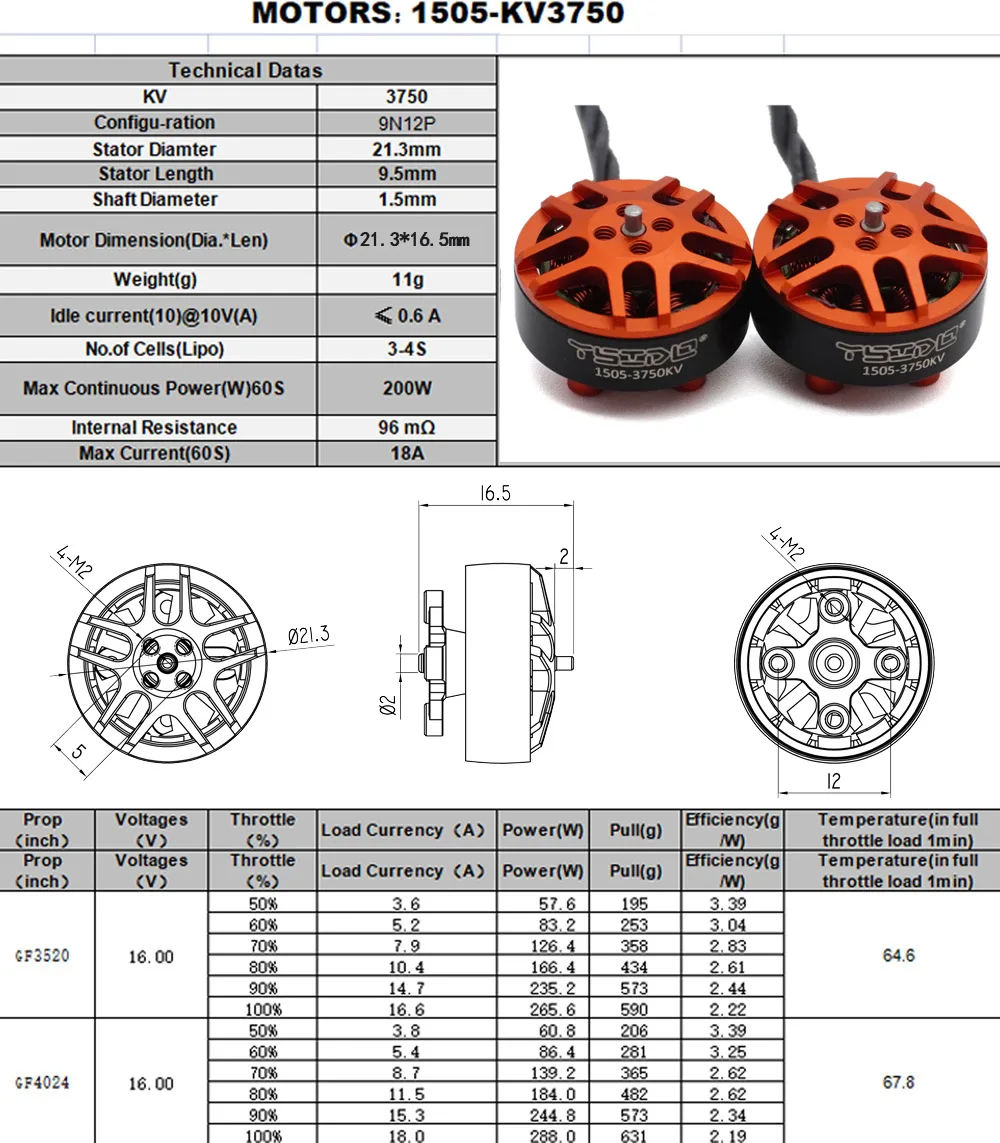 4PCS YSIDO 1505 Brushless Motor 2650KV 3750KV 3-6S Lipo 1.5mm shaft 9N12P for RC FPV Racing 2.5-3.5 inches Cinewhoop Drones