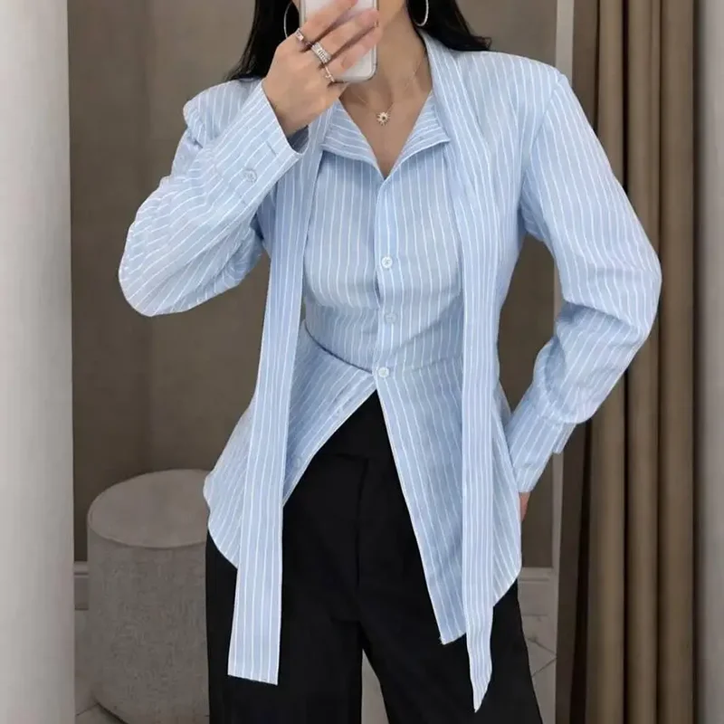 

TARUXY Slim Striped Long-Sleeve Shirt Female Commuter Stylish Lapel Button Lace Up Leisure Shirt Spring Summer New Women Shirts
