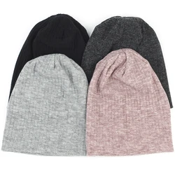 Gorros lisos com nervuras de algodão para mulheres, chapéus de malha mais aquecidos, boné esticado, caveiras largas listradas, boné feminino, outono, inverno