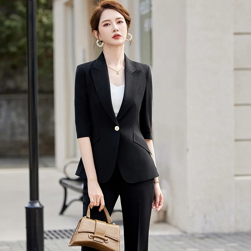 

Black Suit Jacket Women's Spring and Autumn Thin Temperament Goddess Style 3/4 Sleeve Casual Small Suit Formal Wear Business Sui