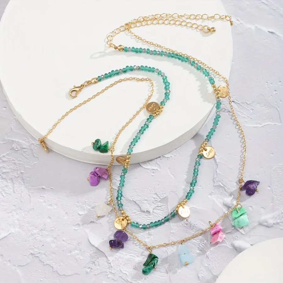 2 pièces coloré pierre concassée Turquoise Seq pendentif cristal perlé Vintage colliers