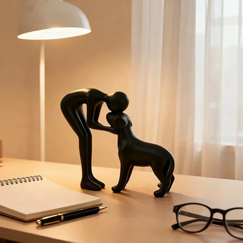 Abstract Art Sculpture Figurine Black Dog and Owner Statue Interactive Human and Pet Sculptures for Home and Office Decor