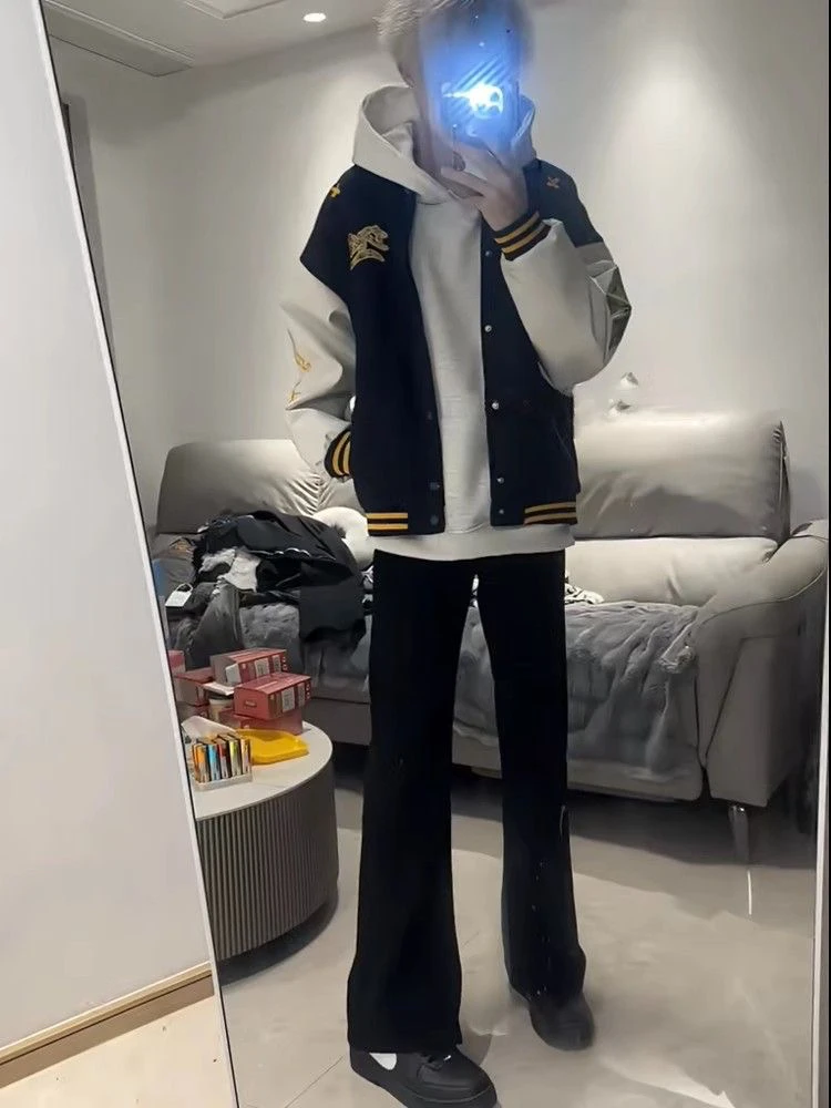 

Мужская бейсбольная куртка с вышивкой в американском стиле High Street, весенне-осеннее свободное повседневное пальто с воротником-стойкой в тон