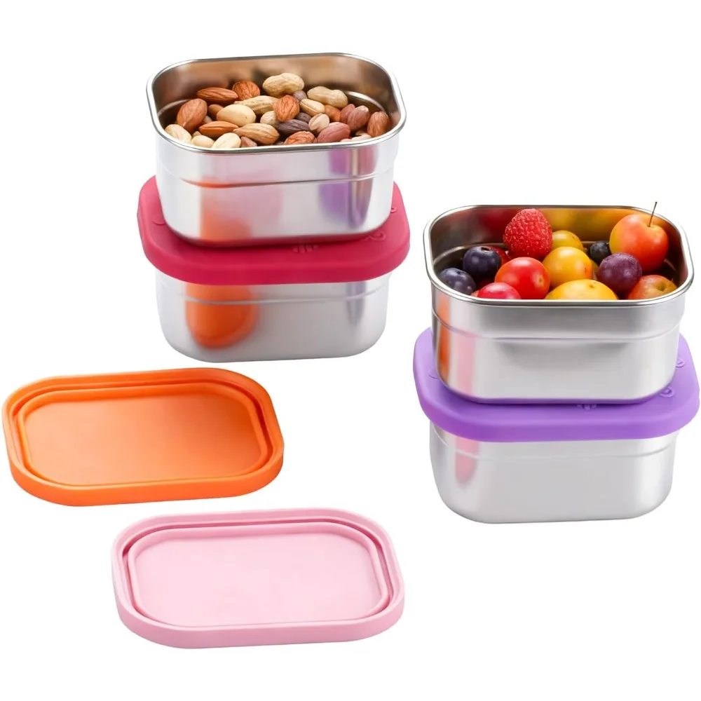 

4 Pack Stainless Steel Snack Containers with Lids Set, 8 oz Rectangular Easy Open Leakproof Reusable Snack Box Tupperware Container, Small Containers for Oat,Crackers,Nuts,Candy