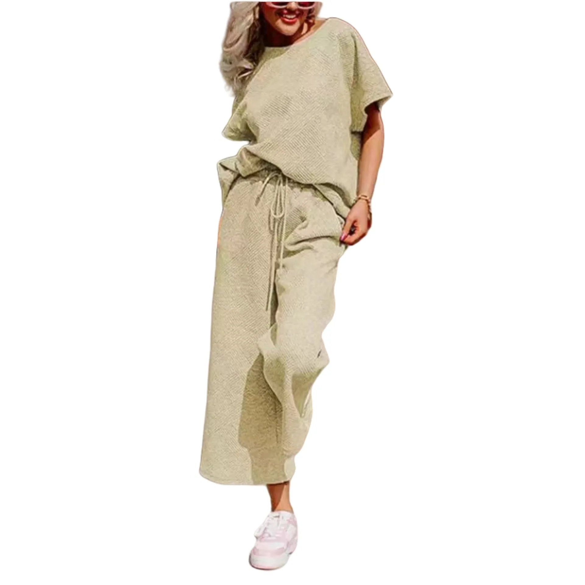 2025, neue modische Rundhals-Top + Hose mit weitem Bein, zweiteilige Sets für Damen, Sommer, lässig, lockeres Hemd und Hose, Set für Damen