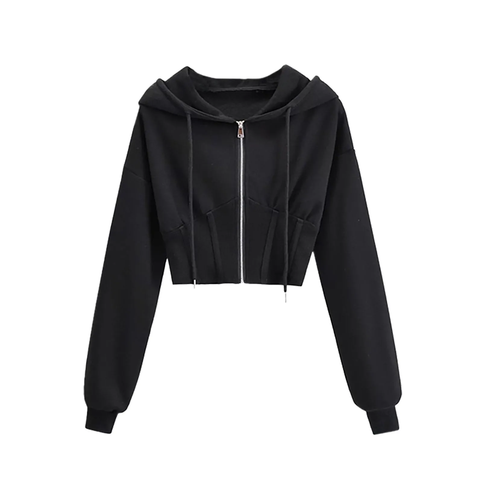 Women's Short Waist Waist Fish Bone Long Sleeve Casual Cardigan Hooded Zipper Hoodie Womens Hoodies Sweater Zip up Dress