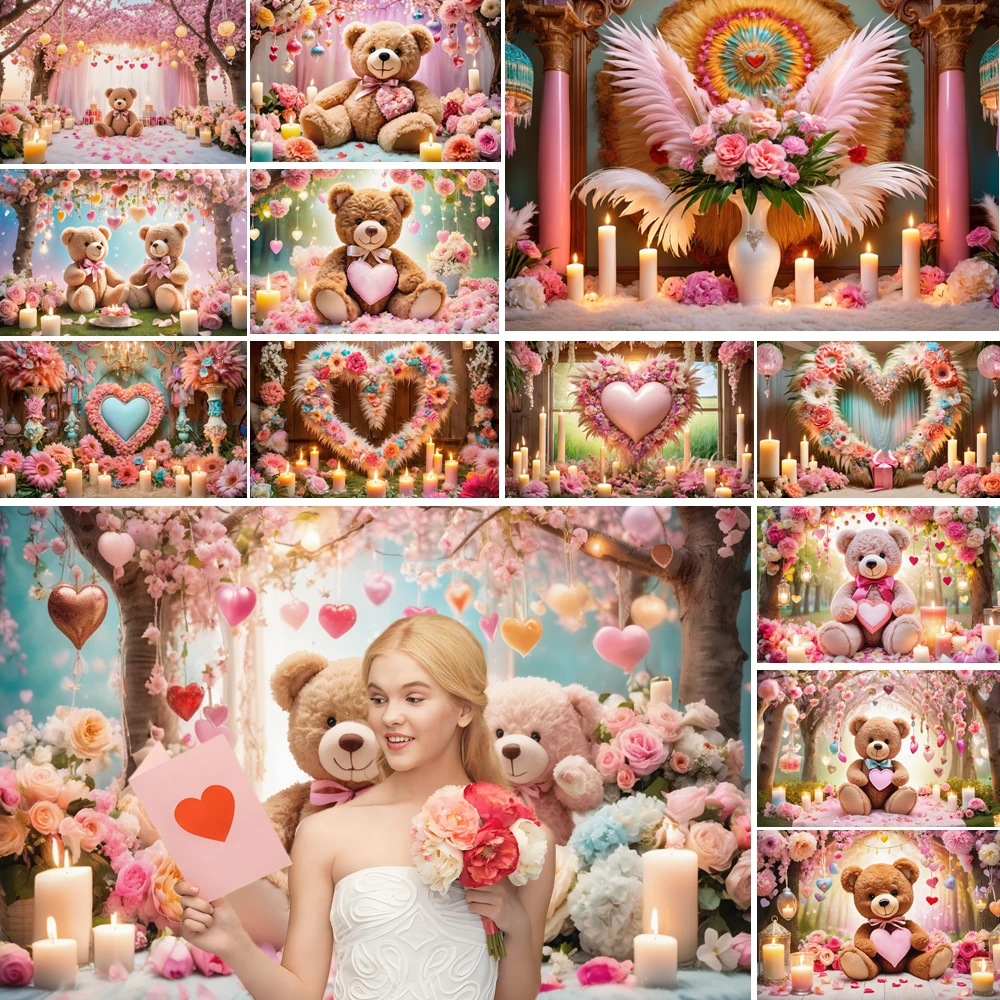 

MOON.QG Romantic Teddy Bear Valentine'S Day Backgrounds For Photographs Pink Flowers February 14 Candle Backdrop Accessories