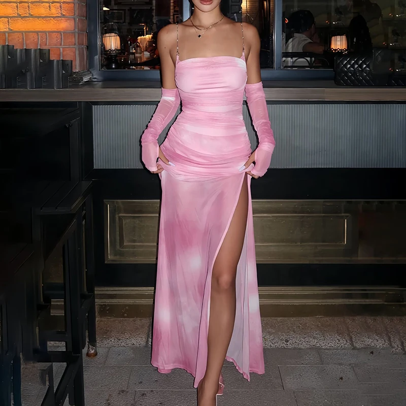 BKLD Batik-Spaghettiträger, durchsichtiges Netz, rückenfrei, schulterfrei, schmales, plissiertes Maxikleid mit Schlitz und Ärmelschonern, Club-Urlaubskleidung