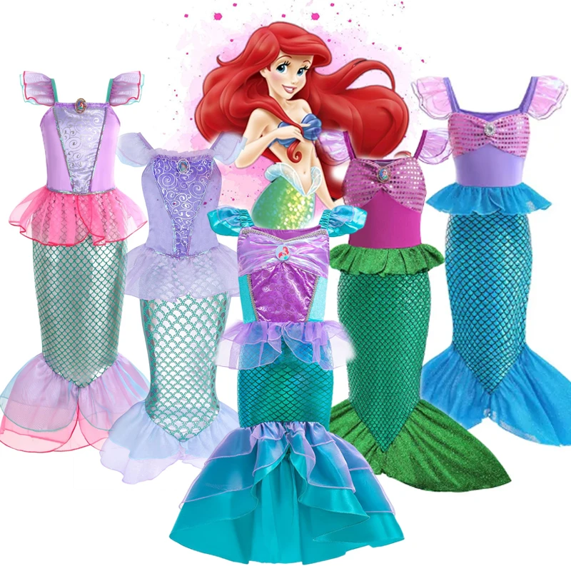 2-10T Girls Little Mermaid Costume Kids Birthday Halloween Princess Girl Dress Children Summer Ariel Carnival Party Clothes