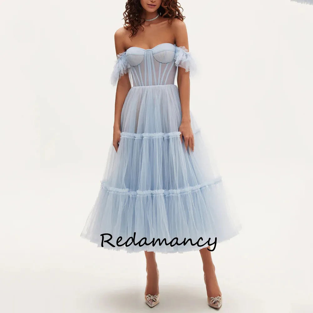 Damancy Blue Sweetheart Tule A-Line Homecoming Jurken 2024 Backless Slanke Theelange Vestidos De Novia Feestjurk