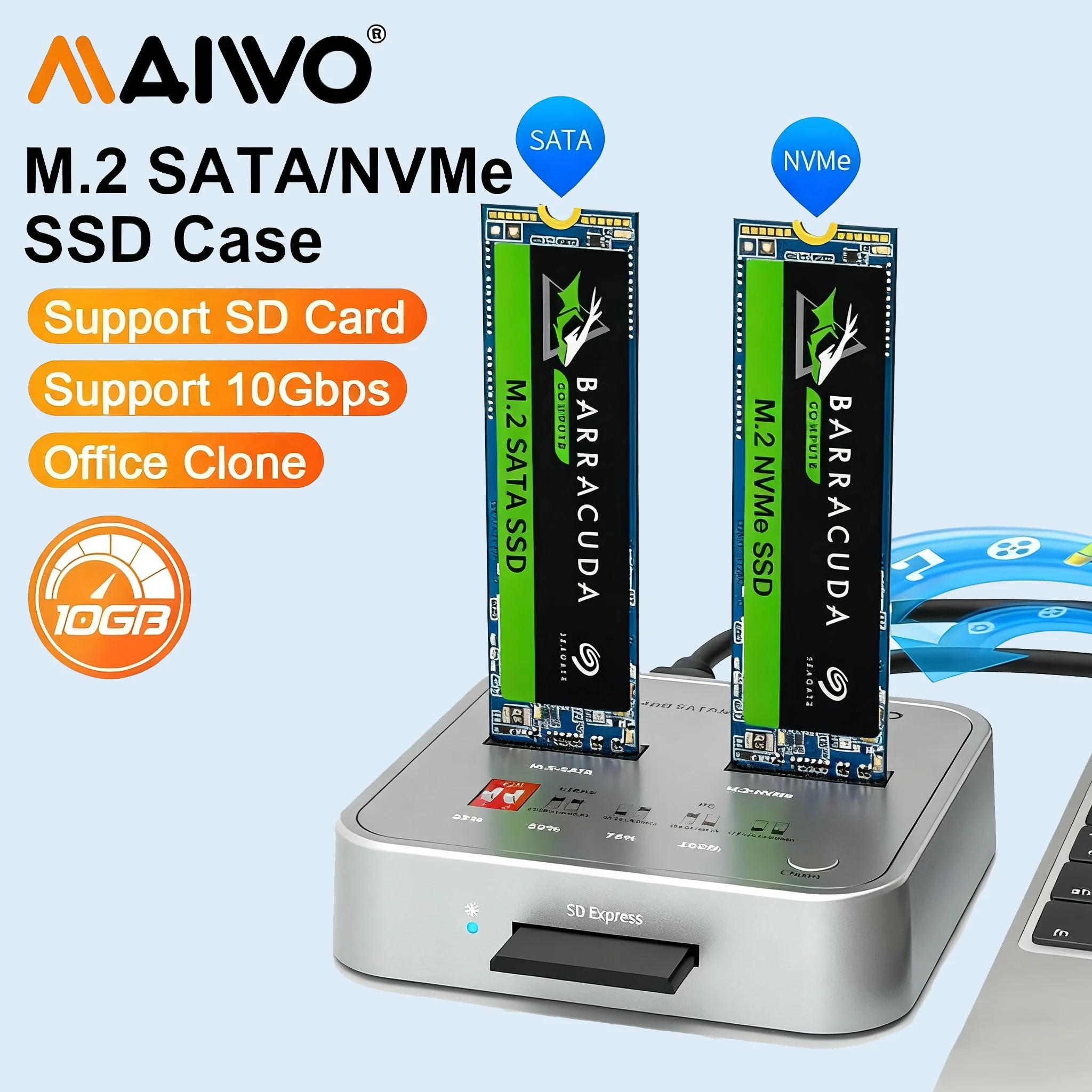 

MAIWO Dual Bay M.2 NVMe SATA SSD Enclosure Dock with SD Card Reader USB C to SSD Adapter One Key Clone for 2230/2242/2260/2280