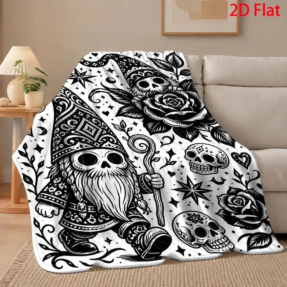 1pc 2D Flat DIY Coloring Throw Blanket, Gothic Gnome & Ornate Skull Line Art, Black White Rose Flannel Blanket