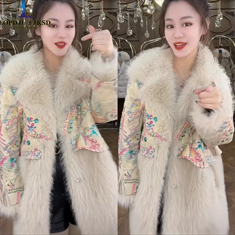 Faux Fur Coat for Women,Spliced Jacket, Sequins Overcoat, Loose Thicken Warm Coat, High Quality, Female Winter, New, 2024