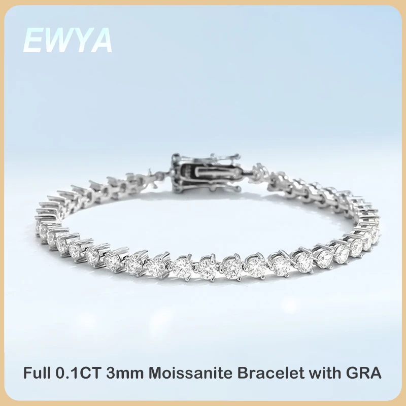 EWYA Luxury Real 3 Prong 3mm Full Moissanite Tennis Bracelet for Women S925 Sterling Silver Diamond Link Bracelets Fine Jewelry