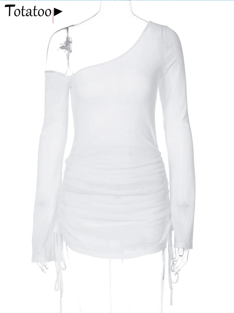 Totatoop-Vestido de playa con hombros descubiertos para mujer, vestido blanco, manga larga, cordón, fruncido, minivestido transparente, traje de