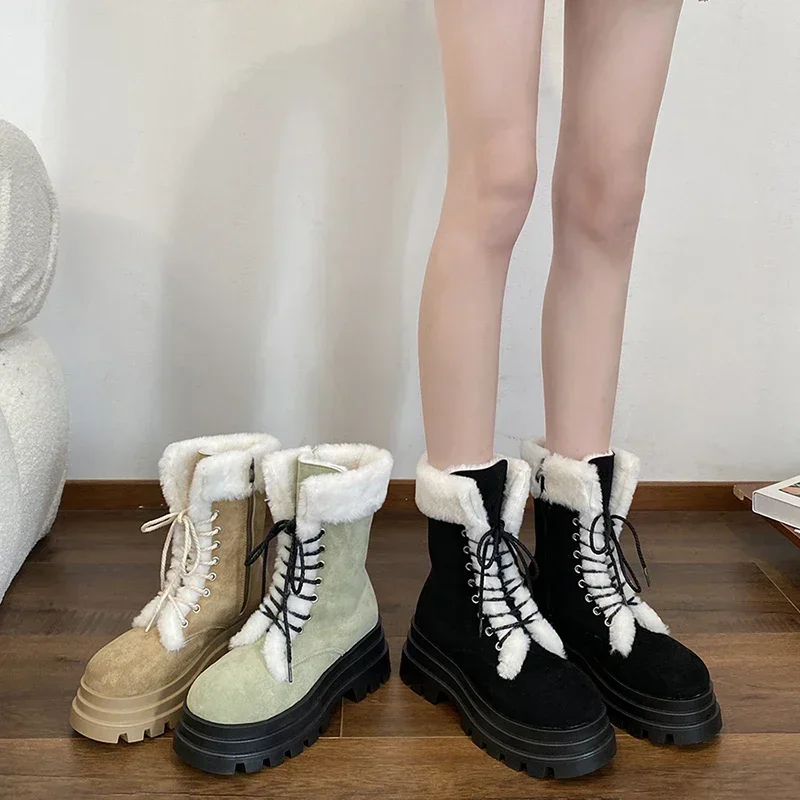 Women Mid Calf Boots Fashion Lace Up Ladies Eelgant Warm Cotton Short Boots Shoes Winter Plush Platform Thick Bottom Shoes