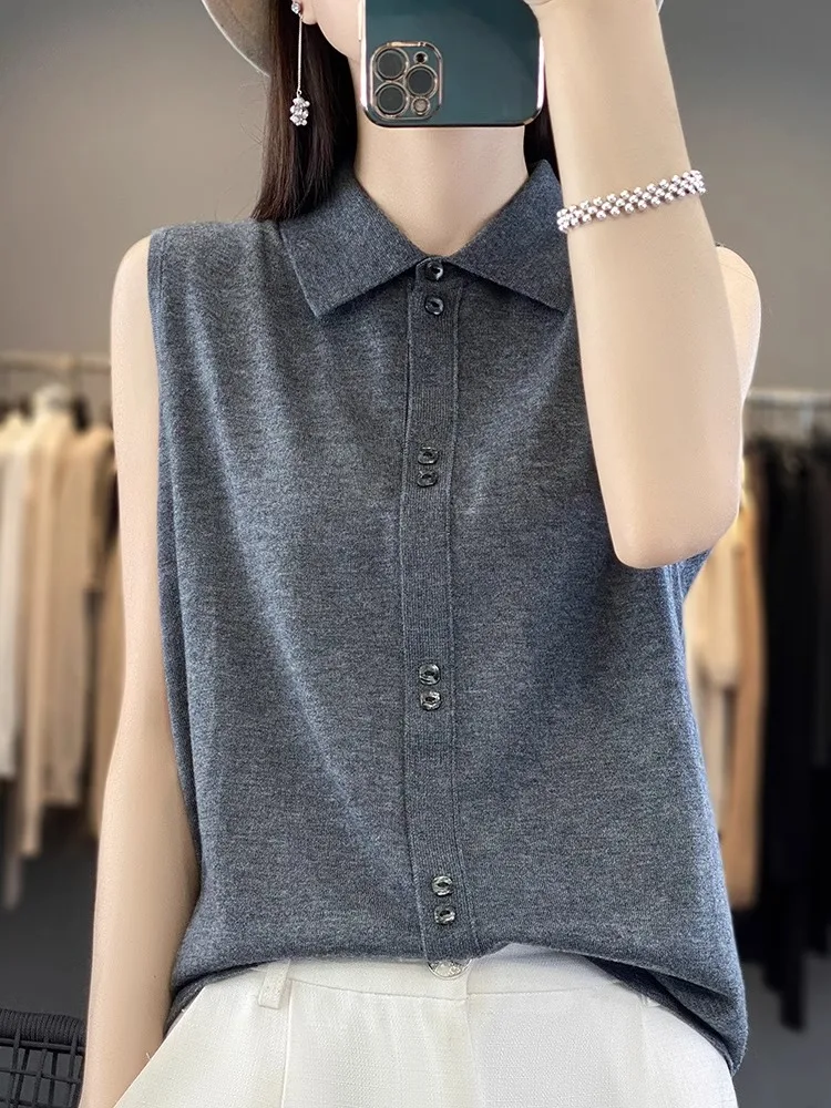 

ey Knitted Base irt Spring 2024 Svel Collar Layering irt Collar Sweater Vest Ele Simple Loose Fit