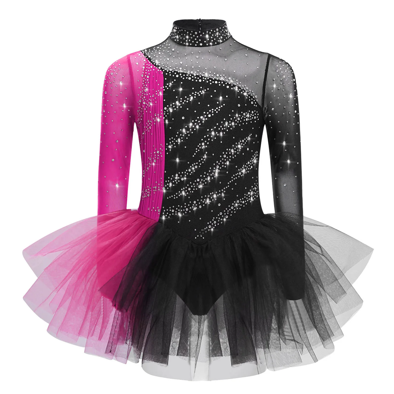 

Girls Figure Skating Dance Dress Ballet Gymnastic Leotard Dress Long Sleeves Rhinestones Color Block Mesh Tulle Dress Dance Wear