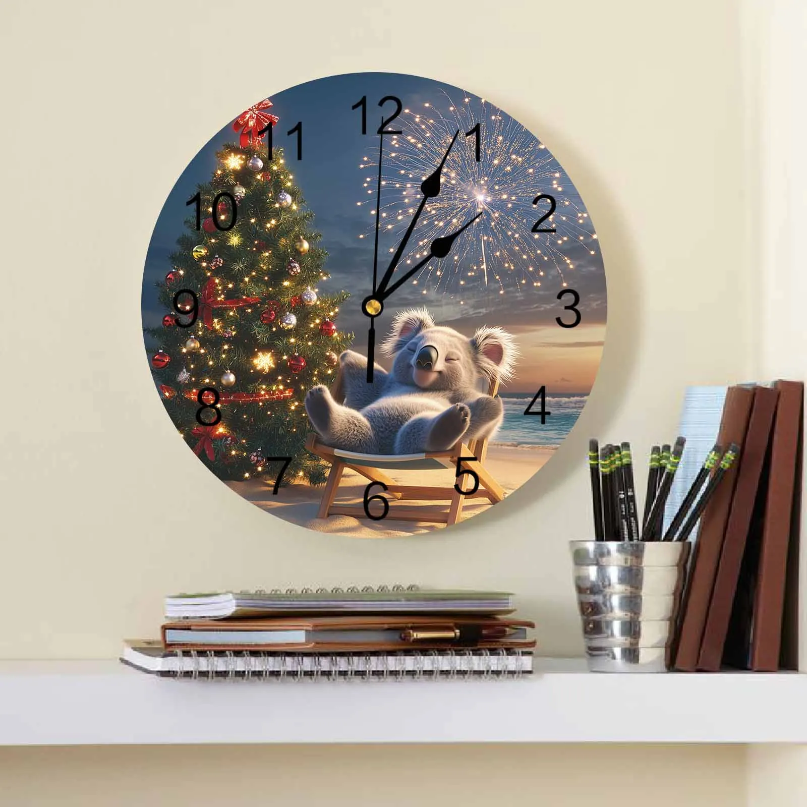 Christmas Winter Beach Koala Wall Clock Large Modern Kitchen Dinning Round Wall Clocks Watches Living Room