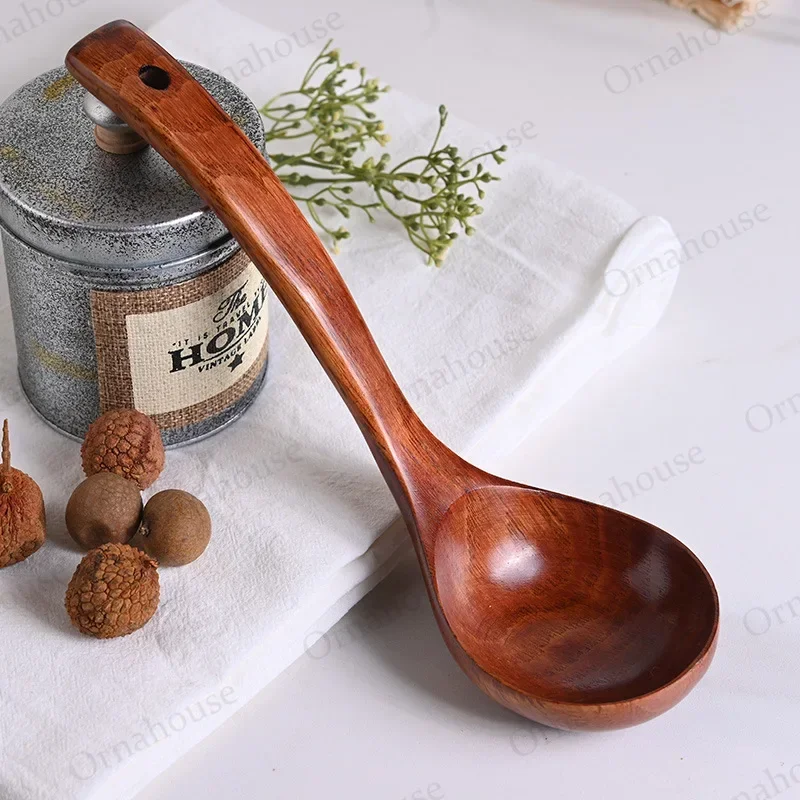 New Old Lacquer Wooden Serving Spoon Ladle Large Natural Wood Cooking Utensil Handmade Tableware for Kitchen Restaurant Porridge