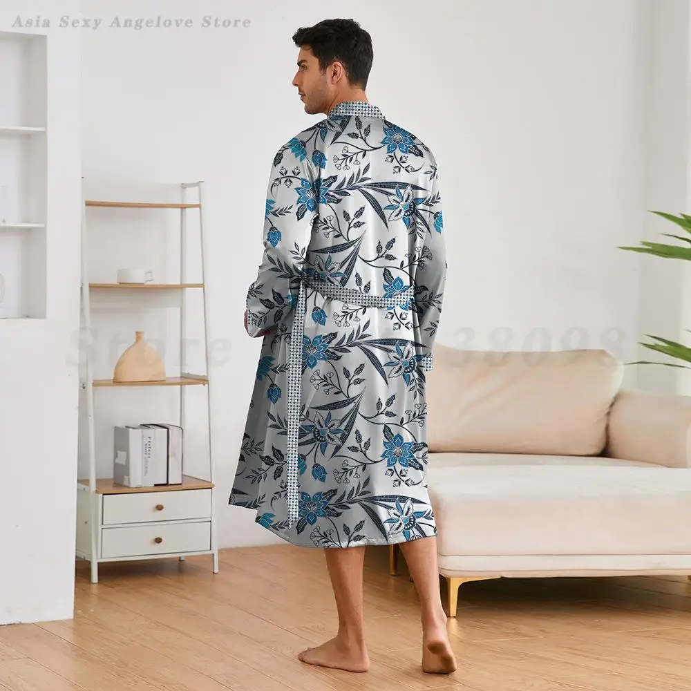 Print Flower Men\'s Sleepwear Long Sleeved Robe Shorts Pijamas Set Loose Casual Bathrobe Kimono 2025 Spring Summer 2PCS Pyjamas