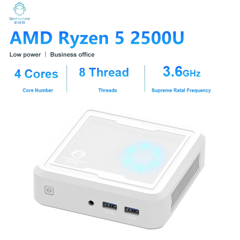 Genmachine novo amd ryzen 5 2500u até 65w mini pc ddr4 até 32gb nvme ssd wifi5 bluetooth 4.2 computador de jogos rx vega 10 gráfico