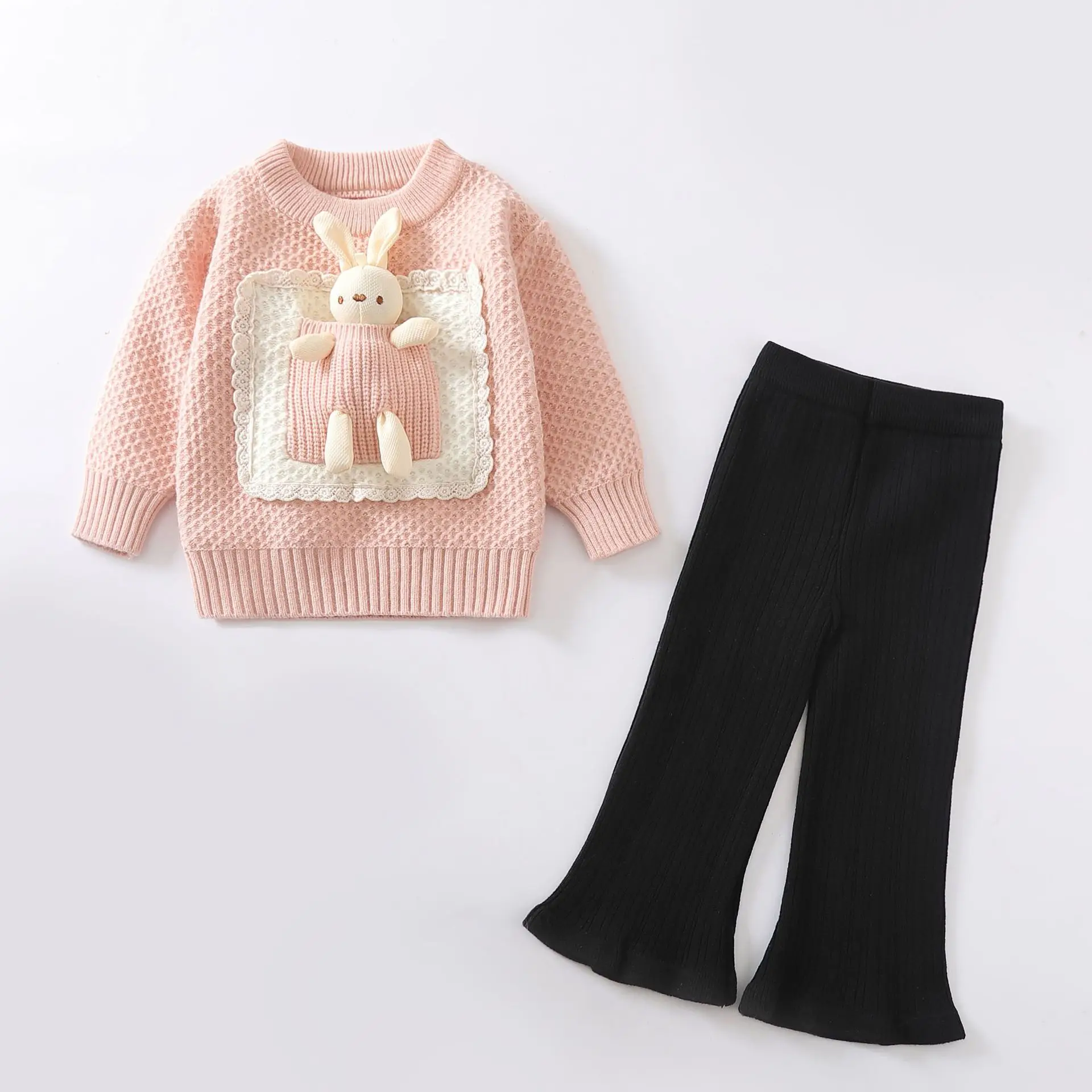 Girls' sweater knitting two-piece set of new female treasure cartoon rabbit round neck jumper for autumn and winter 2024