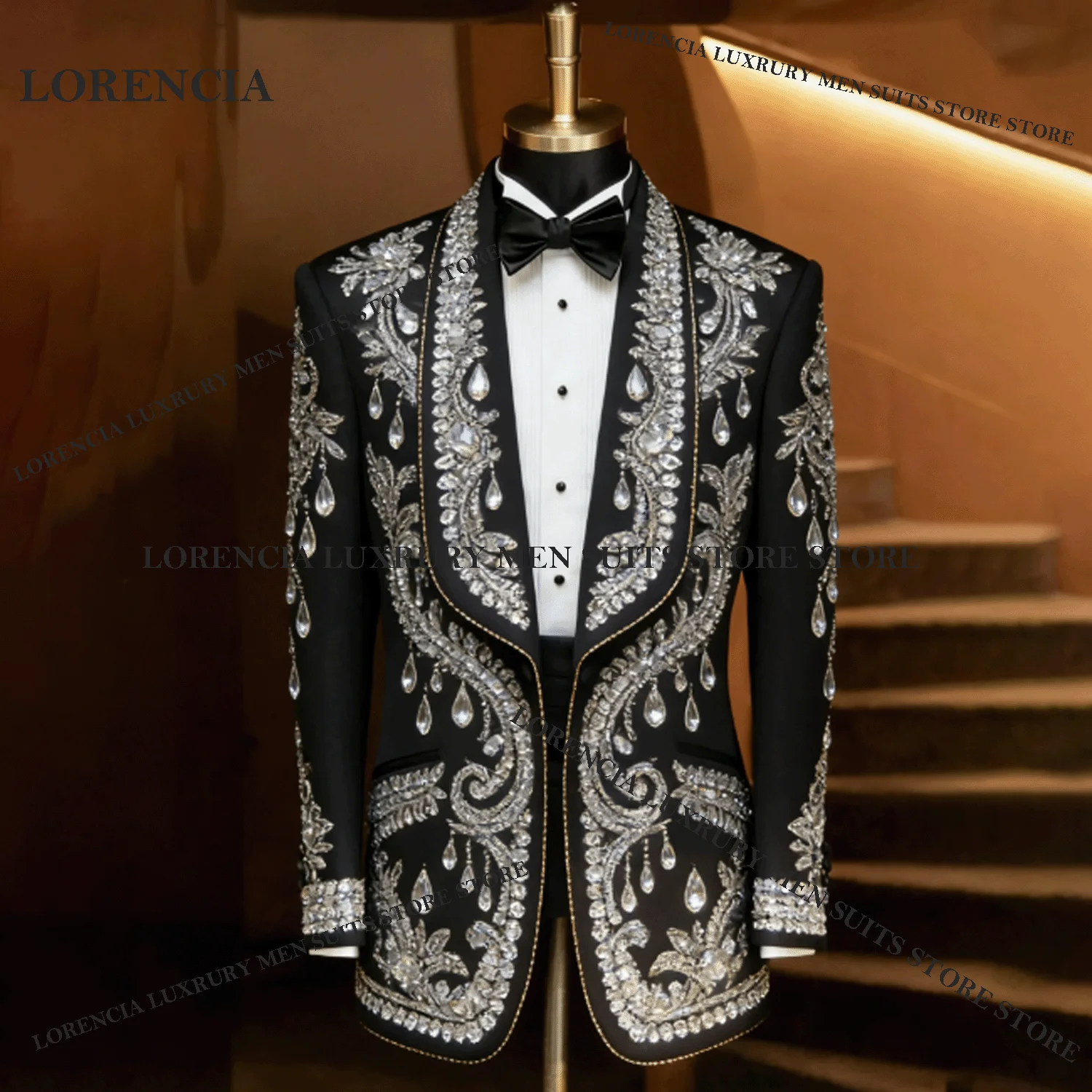 

Customized Sequin Crystal Men Suits 2 Pieces Sets Male Party Blazers Elegant Groom Evening Tuxedos Slim Embroidery Costume Homme