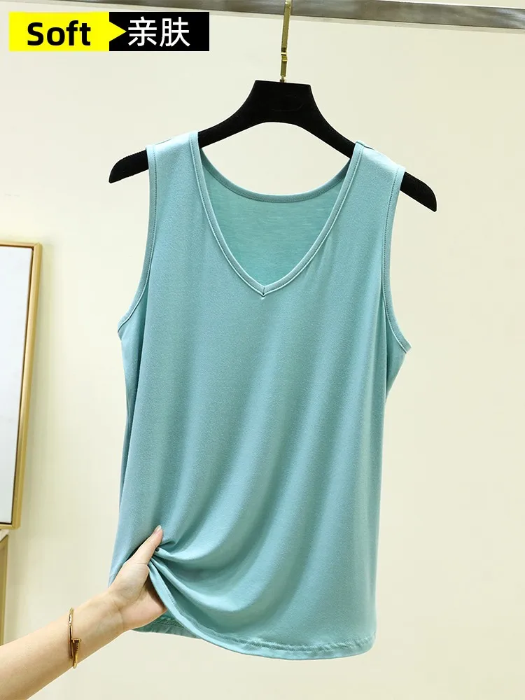 Loose Modal  Color V-Neck Tank Top Sleeveless Casual Women's T-Shirt Large Size Base Shirt Outdoor Wear July Deer Brand