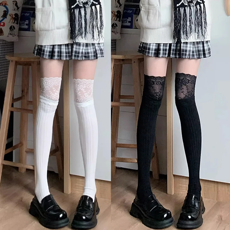 

Harajuku Lolita Jk Style Lace Patchwork Cotton Stockings Women Girls Autumn Winter Warm Knitted Thigh High Stockings Boot Socks