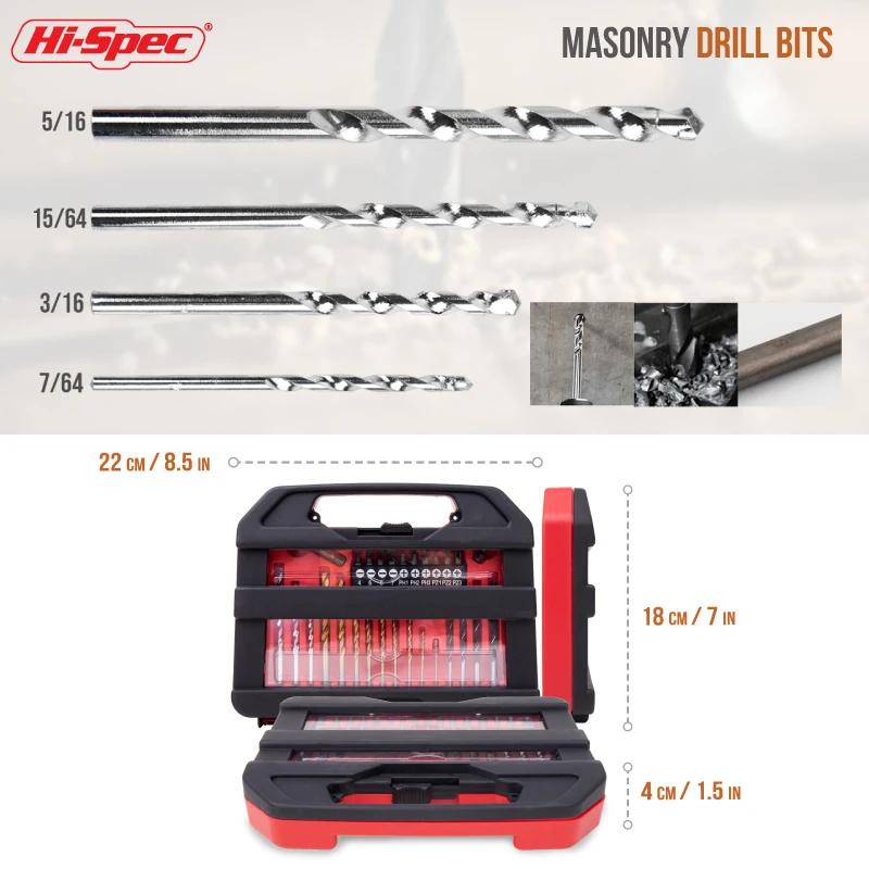 Hi-Spec Red Twist Drill Bit Set Titanium Coated HSS Drill Bits Power Tool Accessory Kit for Wood Masonry Cement Plastic Drilling