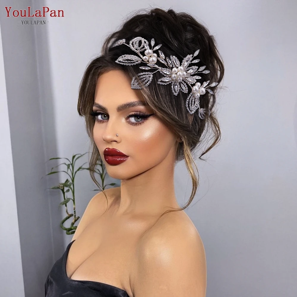 

YouLaPan Bridal Jewelry Hair Accessories Flower Leaf Headpiece Glitter Rhinestone Pearl Hair Piece Sweet Wedding Headdress HP445