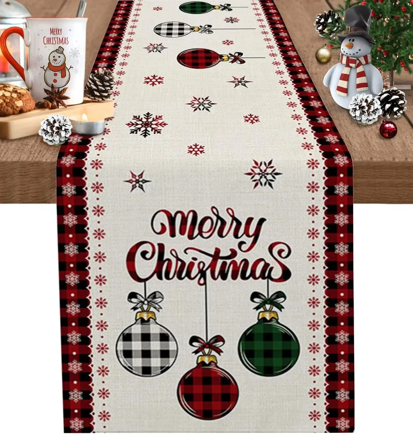 Christmas Plaid Ornament Table Runner Merry Christmas Snowflake Design Home Decor Xmas Holiday Party Dining Table Accent Festive