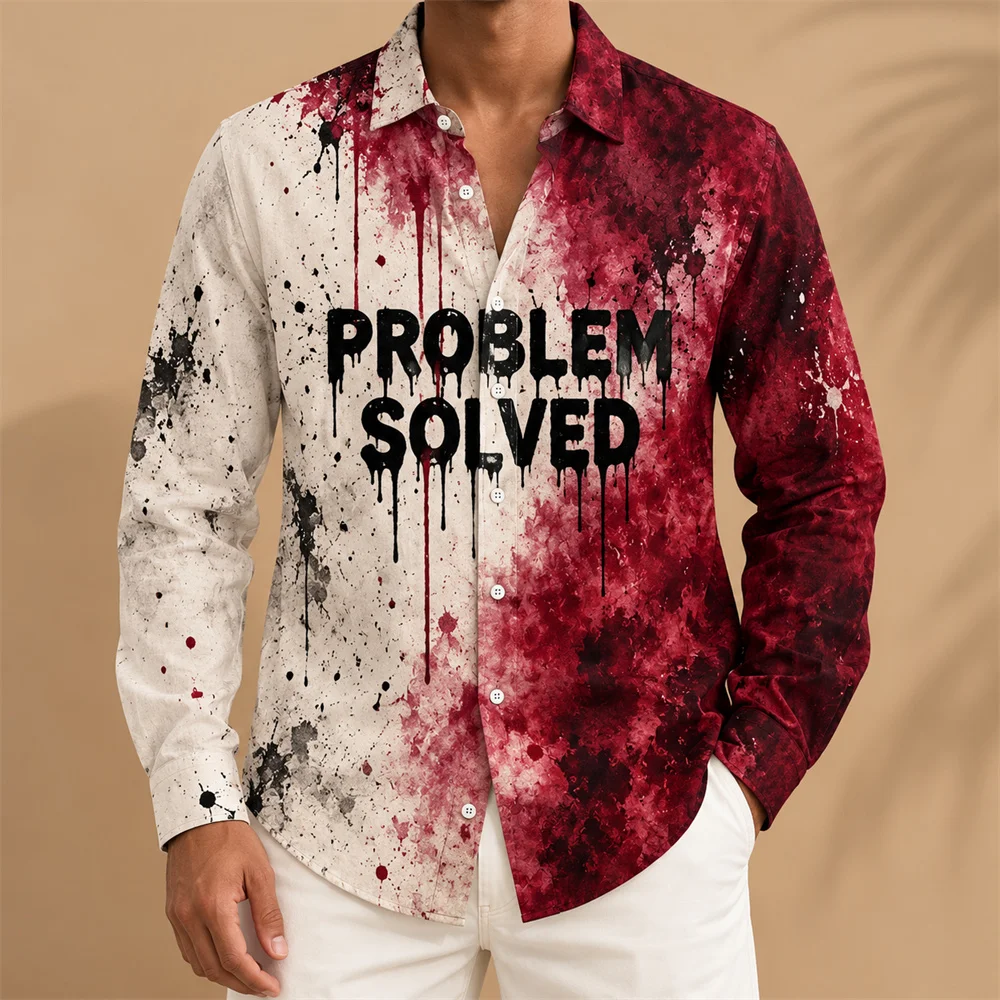 personality text Graffiti Shirt for Men 3D Print Paint Splatter Long Sleeve Button Up Shirt Motivational Quote Streetwear Top