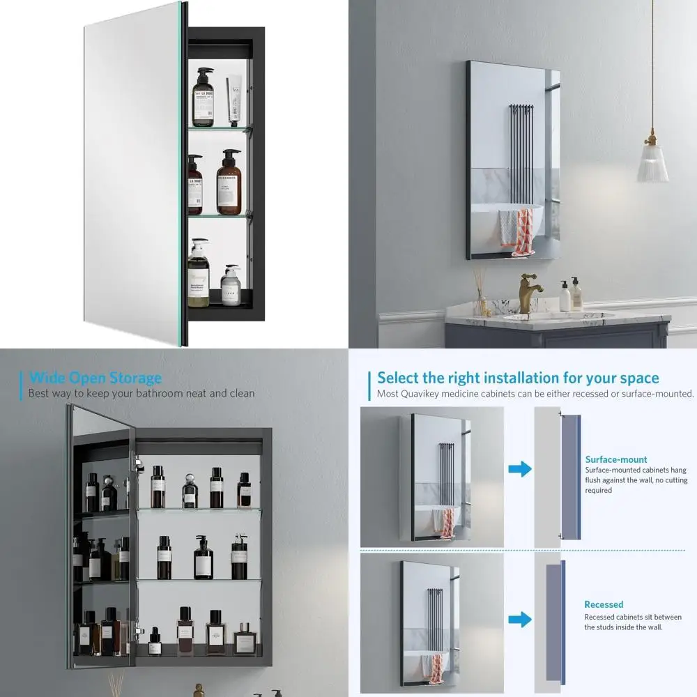 

Aluminum Framed Medicine Cabinet with Mirror, Surface or Recessed Mount, 16x26 Inches, Black