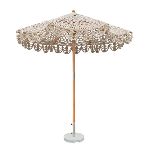 Bohemian Cotton Cord Lace Parasol 2.5m Wooden Pole Handmade Fringe Woven Canopy Beach Umbrella