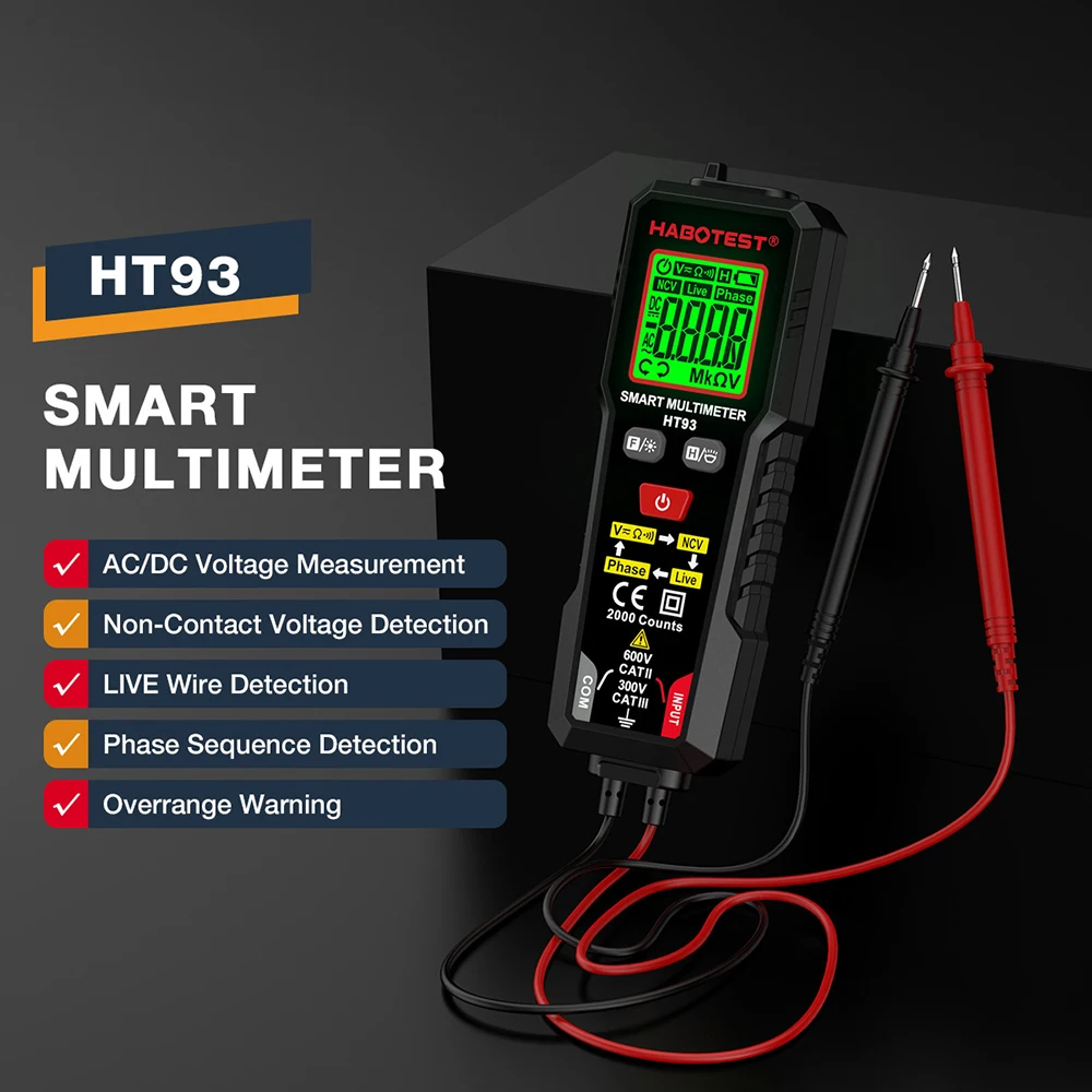 

HT93 Digital Voltage Tester 2000 Counts 600V AC/DC Volt Meter 20MΩ Resistance Tester NCV Phase Sequence Auto Ranging Multimeter