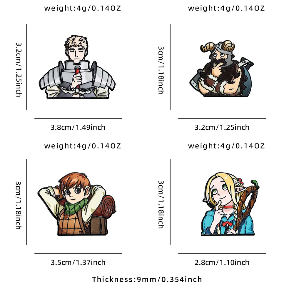 4pcs Delicious in Dungeon Anime Enamel Pins Set Metal Brooches for Backpack Collar Lapel Fashion Jewelry for Men And Women