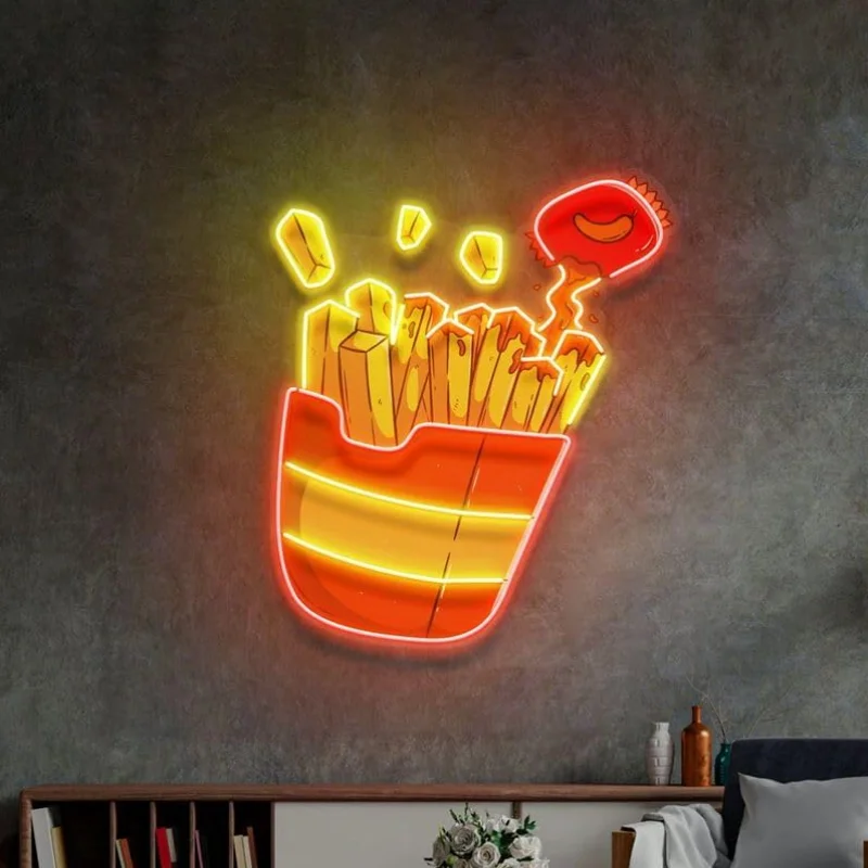 Custom French Fries Neon Sign For Wall Decor Food LED Neon Light Art For Home Bar Kitchen Restaurants Decor Size:37*32 cm