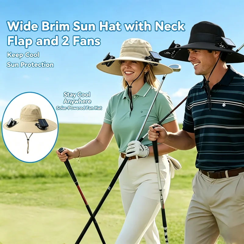 Solar-Powered Fan-Equipped Sun Hat with Wide Brim: Breathable mesh design prevents sweating; adjustable wind-proof cord and hat strap provide dual security; suitable for all outdoor activities; combines sun protection and cooling in one