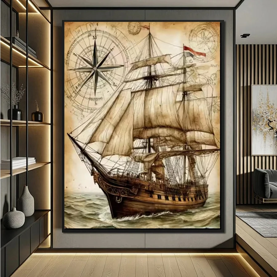 Pintura de diamantes 5D DIY, brújula, barco de vela, mosaico de diamantes cuadrados y redondos, Kit hecho a mano, imágenes de diamantes de imitación, decoración de pared, manualidades