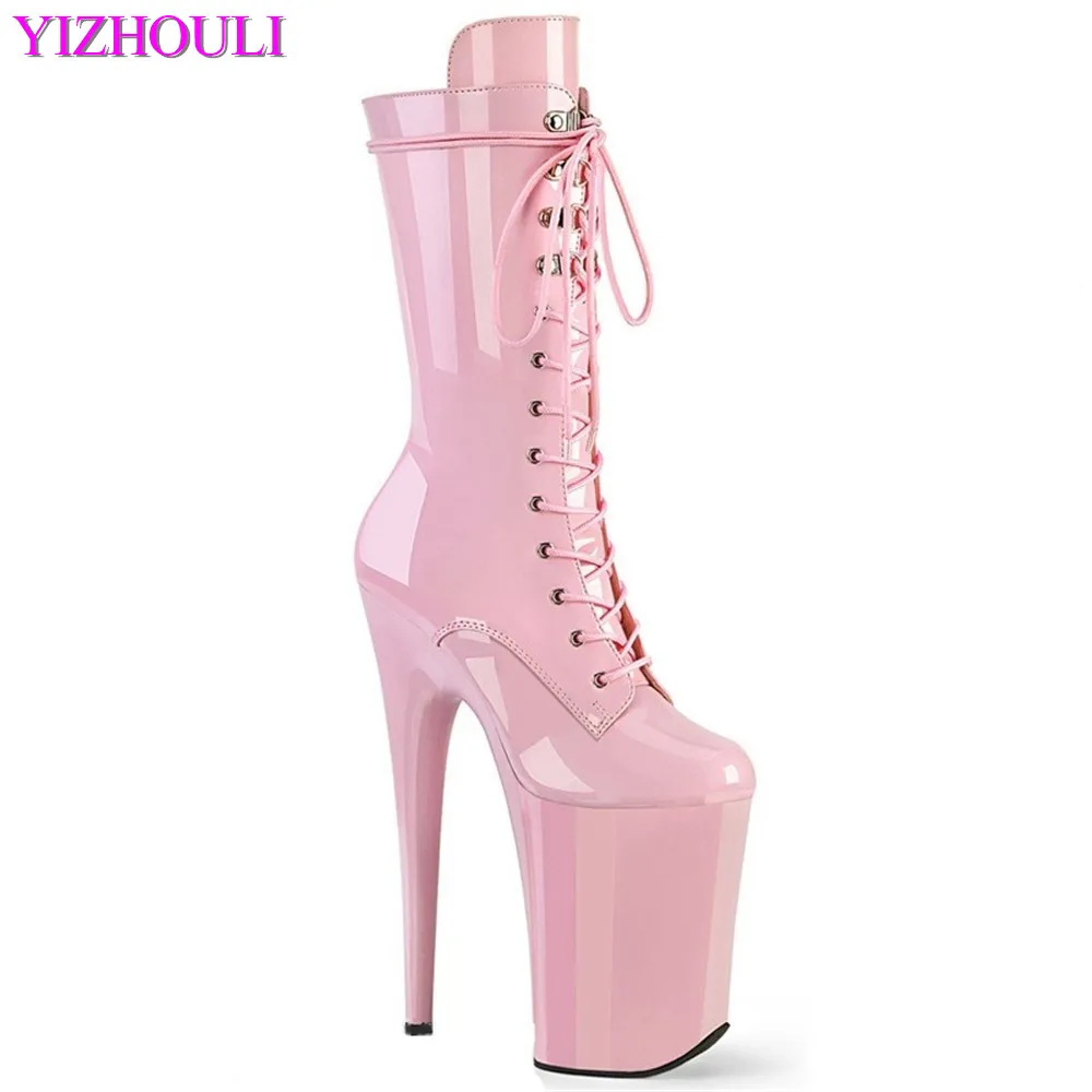 23cm glossy patent leather high-heeled round toe boots, 9 inch skinny heel pole dancing performance model runway dance shoes