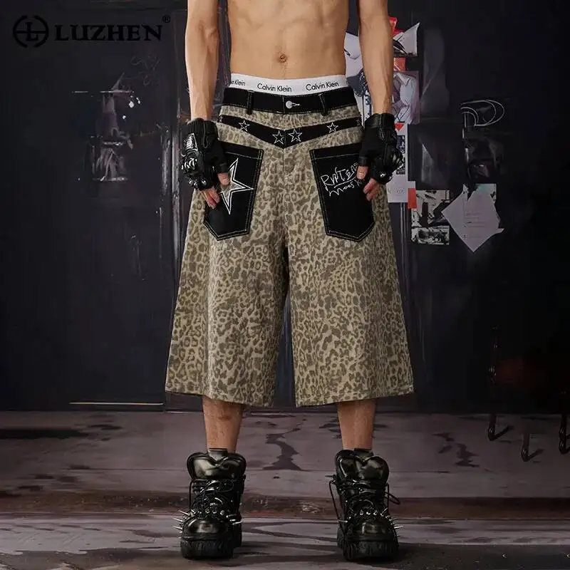 

LUZHEN 2026 Summer Original Leopard Print Pentagram Pockets Decorate Straight Cropped Trousers Men's Fashion Casual Jeans JY7546