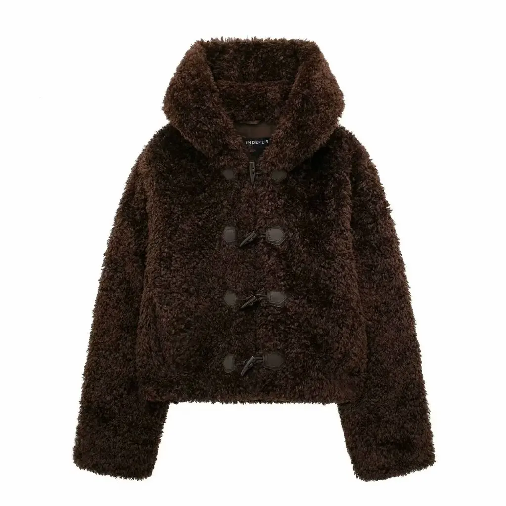 

Women's Hooded Teddy Velvet Lambskin Coat European American Style Autumn Winter New Buckle Design