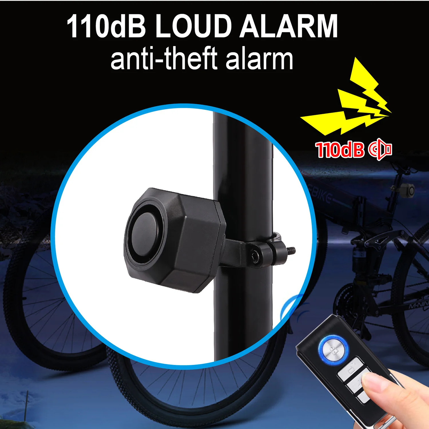 

Vibration trigger bicycle alarm bicycle anti-theft device 110dB wireless remote control IP65 waterproof scooter street