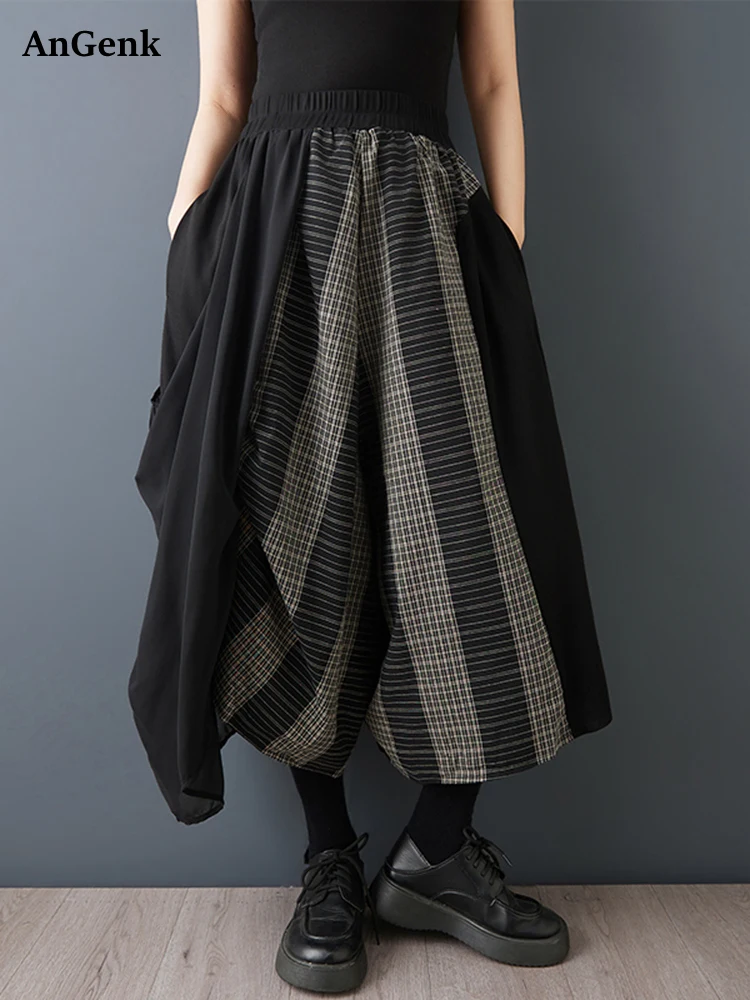 

2026 Summer New Irregular Vintage Plaid High Waist Wide Leg Pants Women Loose Casual Folds Ladies Trousers Fashion Streetwear