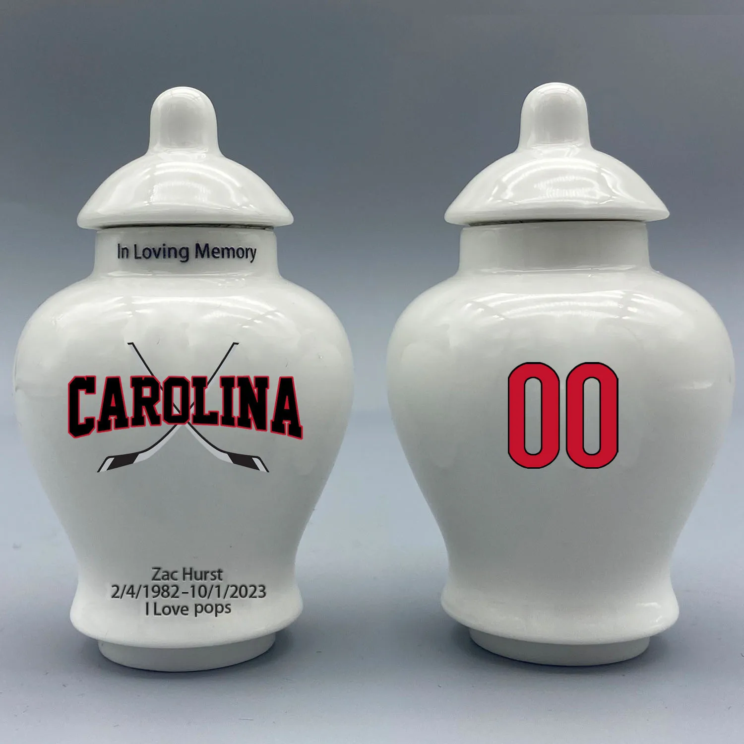 

Mini Urn for Carolina Hurricane-themed Hockey Urn.Please send me the customization information - name/date and number on the urn